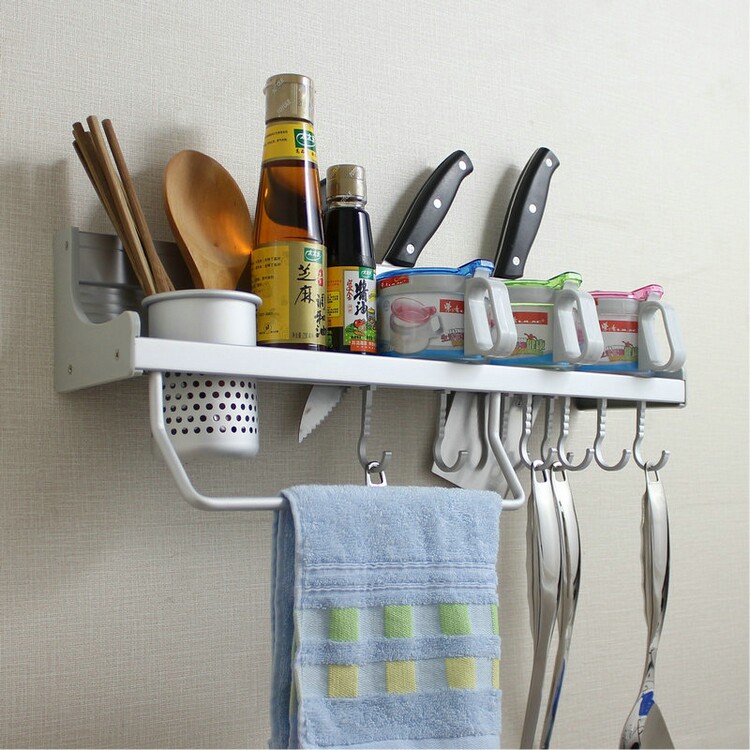 Space Aluminum Kitchen Shelf Wall Mount Kitchenware Storage Shelf Knife Rack Supplies Pendant Condiments Nail-Free Installation