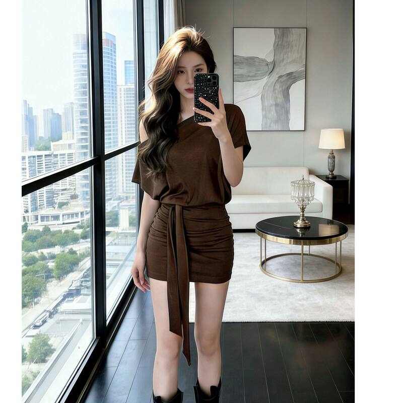 Liwu/Tencel Cotton Off-Shoulder Batwing Sleeve Slim Fit Spring/Summer New Bodycon Short Skirt Elegant Dress Women's Clothing