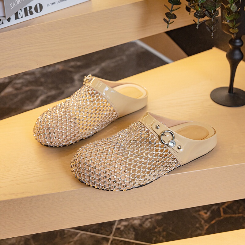 Cowhide Patent Leather Thick-Soled Birkenstock-Style Half-Slipper Women's Summer Outdoor Wear 2026 New Model Rhinestone Mesh Slip-On Closed-Toe Mules