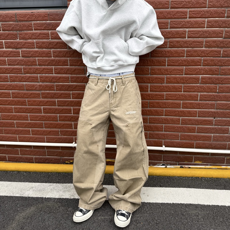 Hy711 Double-Knee Pure Cotton Pearl Canvas Vintage Casual Lumberjack Pants Straight-Leg Washed Wide-Leg Work Pants for Men and Women