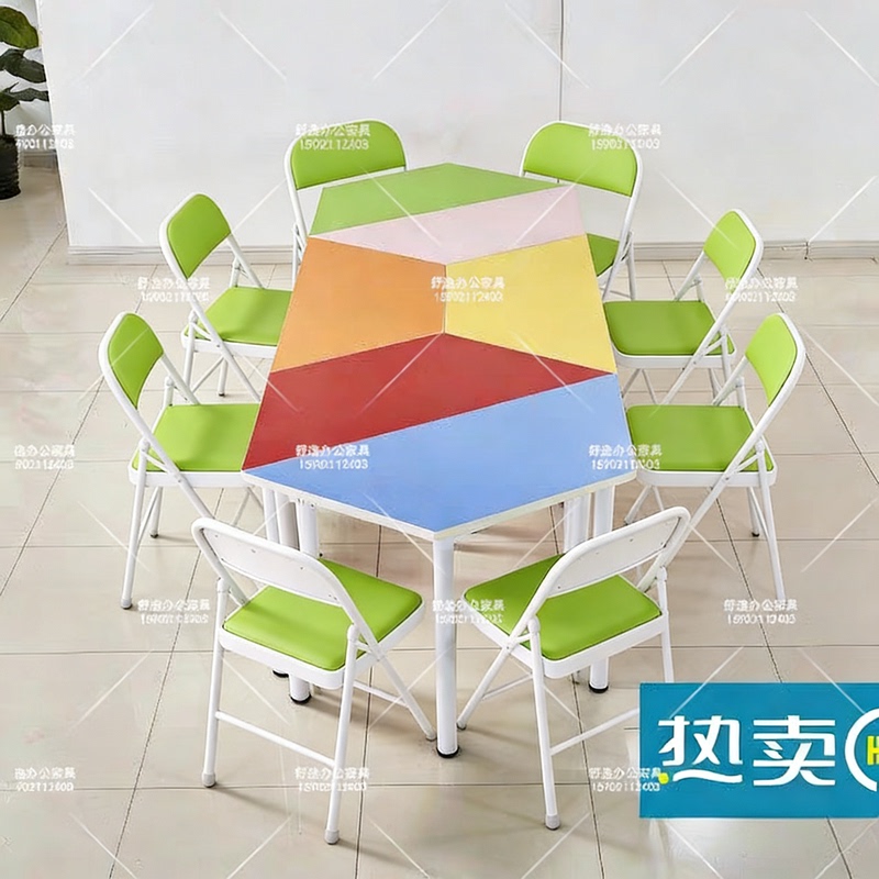 Spliced Long Conference Table, Colorful Trapezoidal Office Desk and Chair Set, Programming Classroom Irregular-Shaped Table, Team Support Room Table and Chairs