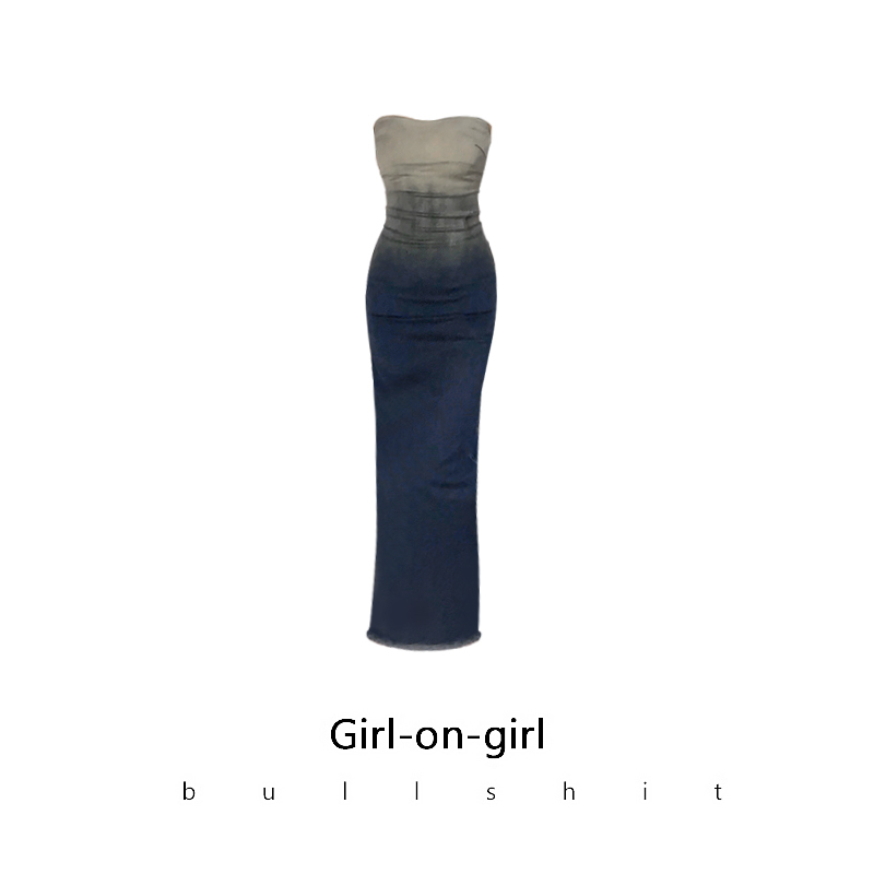 Quirky Girl Heavy-Duty Gradient Strapless Denim Dress for Women, Spring Slimming Design, Niche Casual Elegant Long Dress