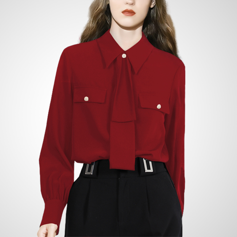 French-Style Red Lace-Up Long-Sleeved Shirt for Women, 2026 Spring New Fashion, Retro, Commuter Style, Elegant Professional Top
