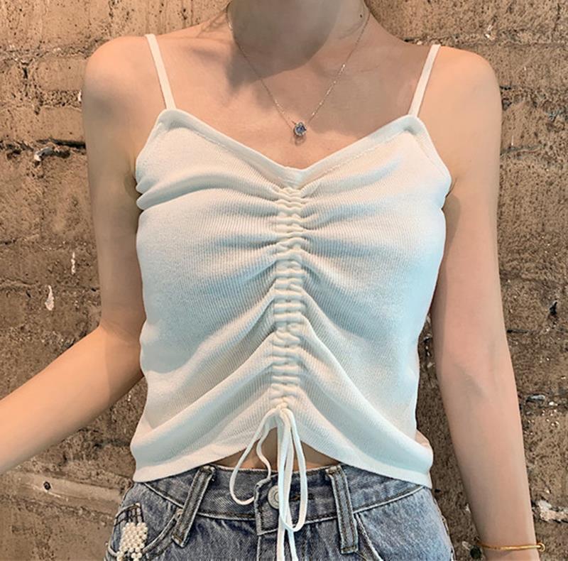 Trendy Drawstring Camisole for Women, 2025 Summer New Style, Korean Version, Slim Fit, V-Neck, Knitted Sleeveless Base Top Trendy Drawstring Camisole for Women, 2025 Summer New Style, Korean Version, Slim Fit, V-Neck, Knitted Sleeveless Base Top