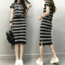 2018 Spring / Summer mới của Hàn Quốc phiên bản Thin Ice dệt kim sọc dress nữ thời trang Set Gói Hip váy hai mảnh Set 