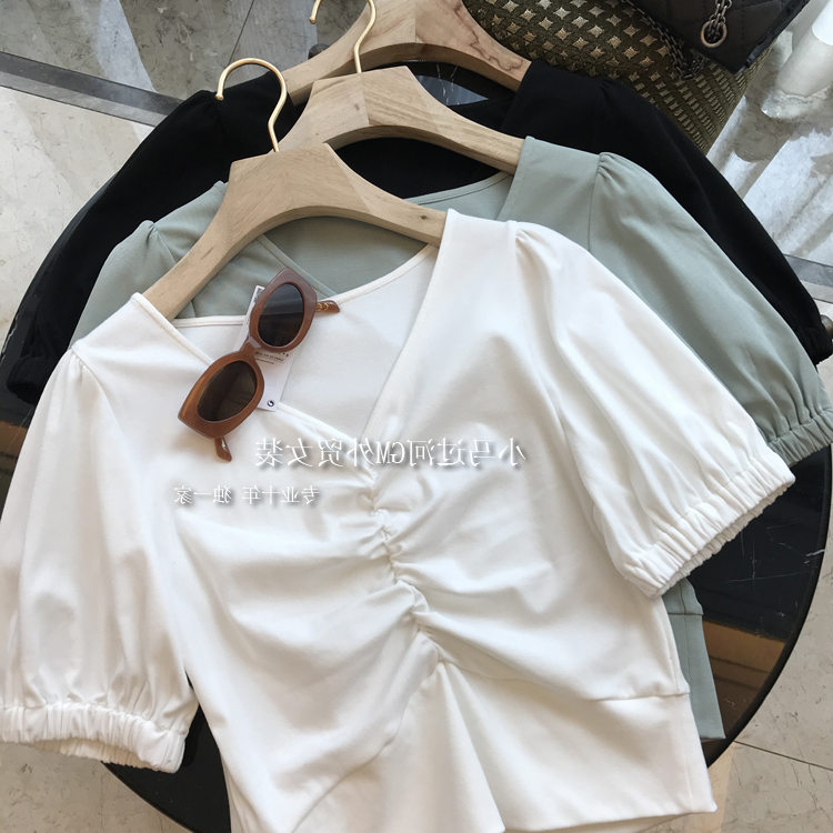 Brand Fold Discount Store Mall Withdrawal Teller Women's Tail Goods Clear Cabin Temperament V Collar Front Cramps Short And Thin Blouses Women T-Shirts