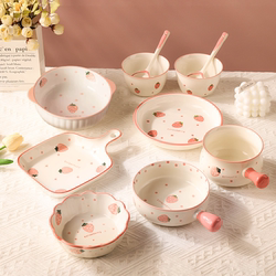 Strawberry Bowls and Dishes Suit Bowls and Plates For Home Tableware for One Person Ceramic Rice Bowls and Noodle Bowls cute Baking dish Creative Fruit Bowls