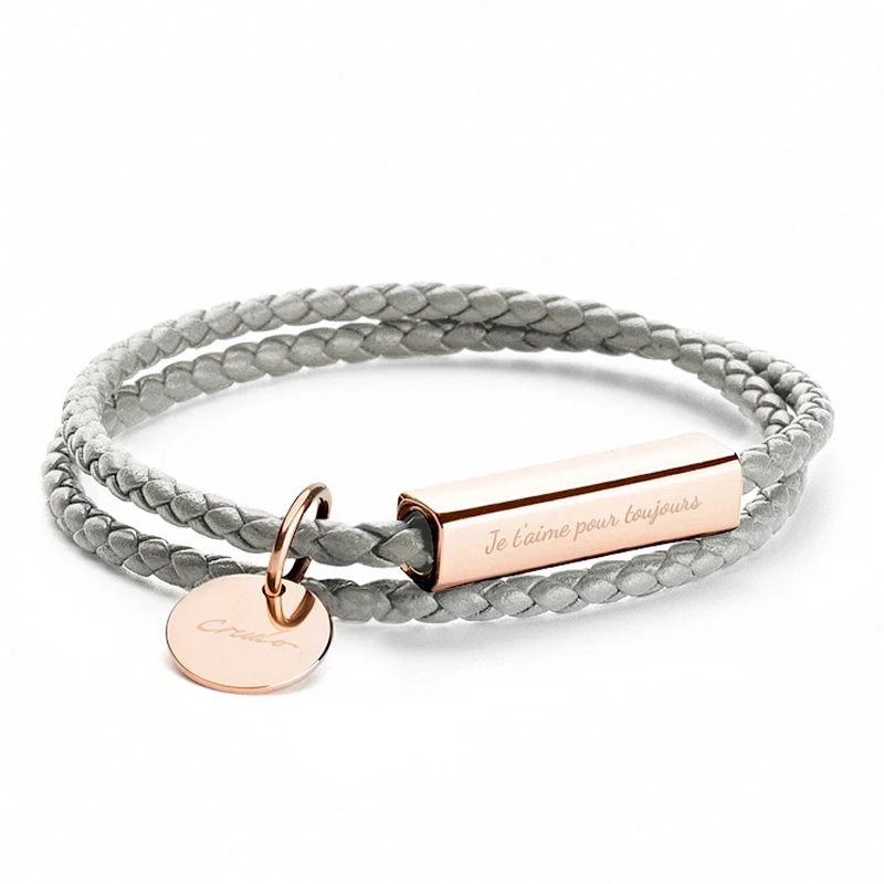 Leather Double Rope Titanium Steel DIY Engraved Couple Bracelet with Inspirational Words Engraved, New Year Gift for Friends and Girlfriends