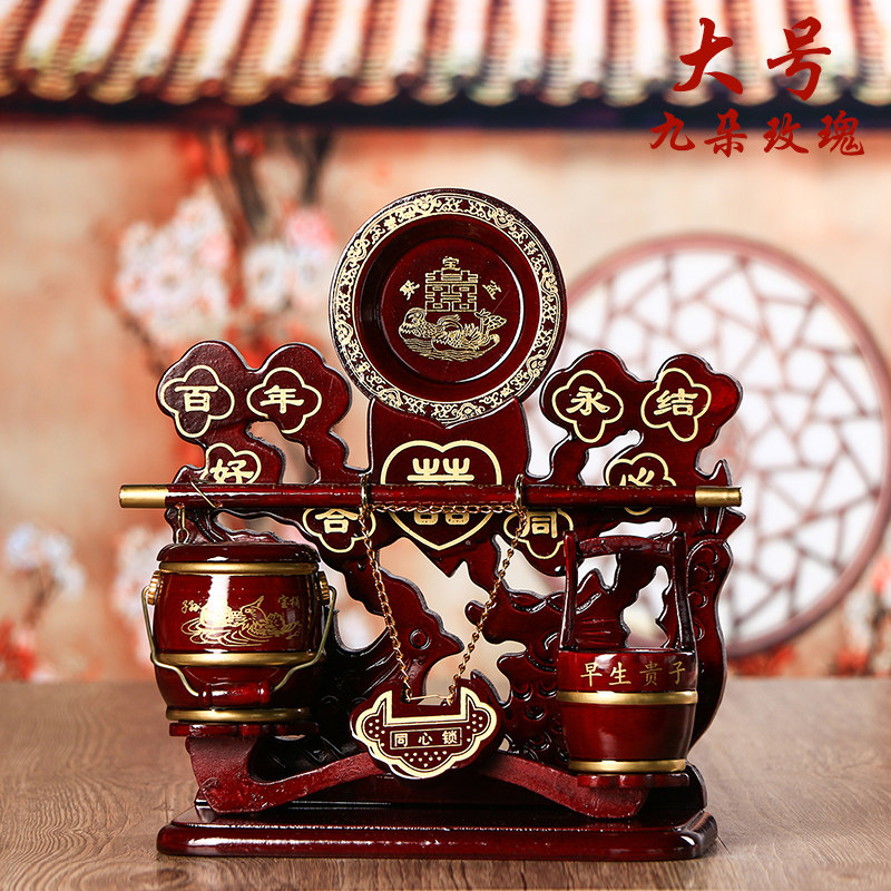 Children's bucket bride wooden matriarch wedding supplies Traditional bride dowry decoration Large wedding supplies three-piece set