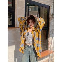 Limited time special offer lazy style yellow plaid Polo collar shirt jacket womens early autumn mid-length shirt loose top