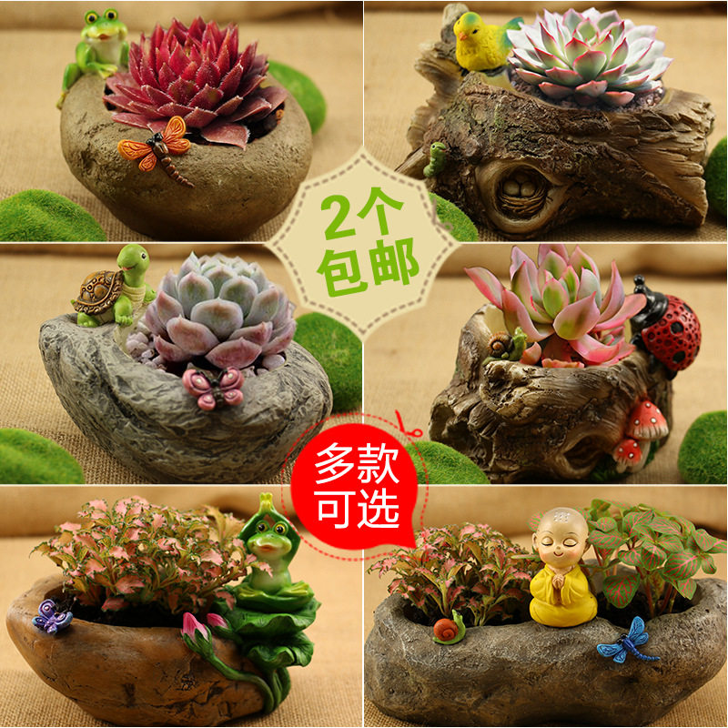创意多肉植物微景观仿石头仿树根禅意树脂花盆小和尚动物盆栽个性