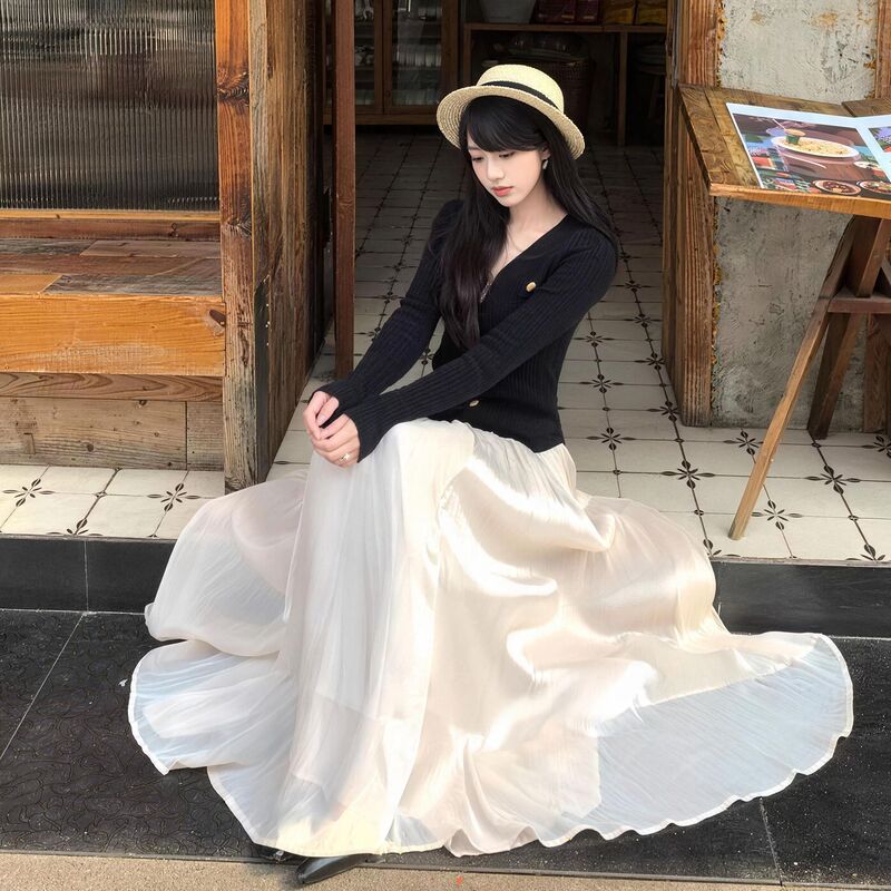 French-Style High-End Island Satin Skirt, Spring High-Waisted Slimming Large Hem A-Line Long Skirt, Flowing Fairy Skirt