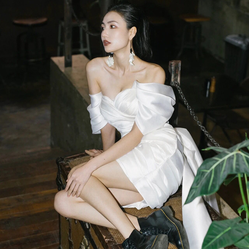 Retro wedding dress, short white evening dress, french style, open shoulders, lace dress Retro wedding dress, short white evening dress, french style, open shoulders, lace dress