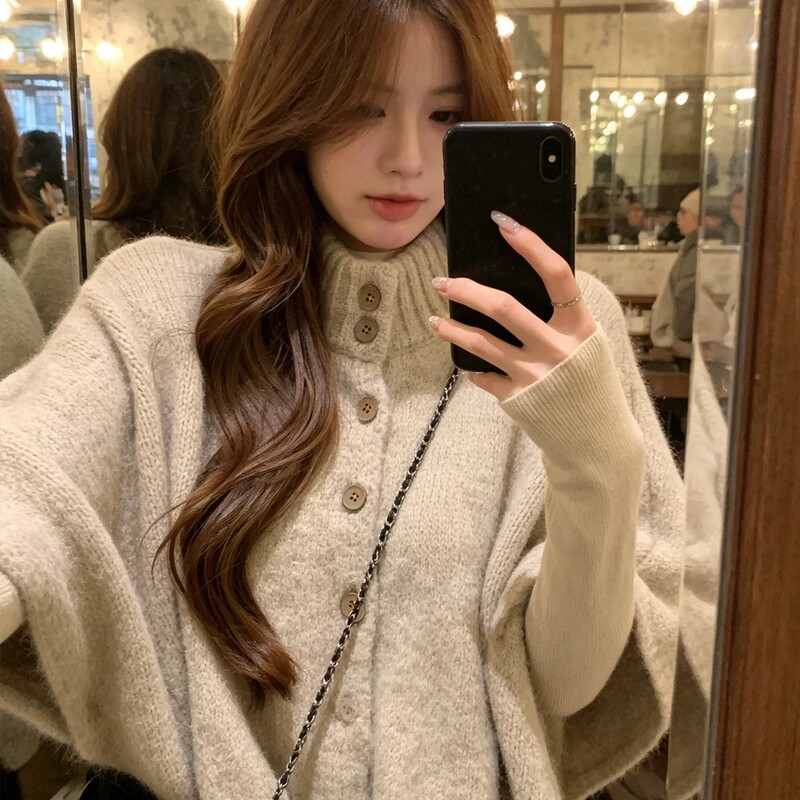 Autumn and Winter Cape Turtleneck Knitted Sweater for Women, Lazy Style, Loose, Slimming, High-End Feel, Solid Color Base Shirt Jacket