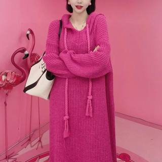 Korean style lazy style knitted dress solid color hooded