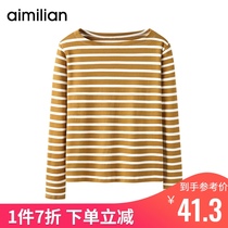 Amy love striped t-shirt womens long-sleeved loose spring and autumn season 2021 new cotton top word collar base shirt