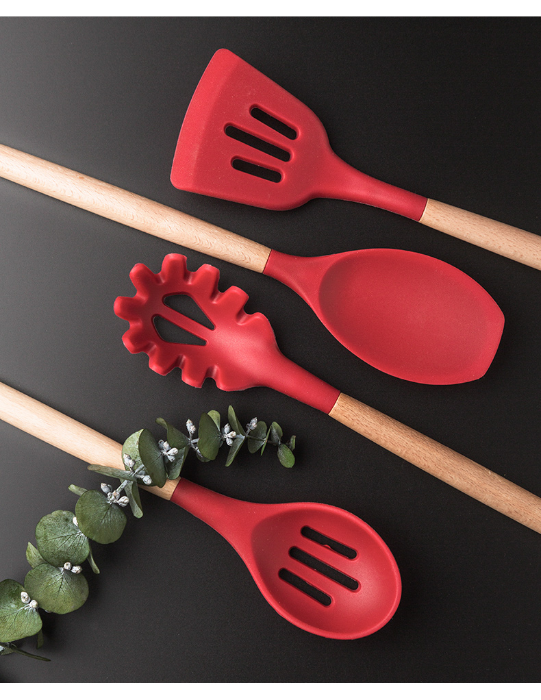 Porcelain color beauty high temperature resistant wood handle silicone titanium pot shovel spoon colander with as cans of kitchen cooking 7 dresses