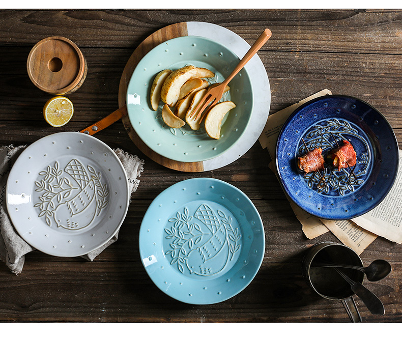 Porcelain color beautiful pastoral wind anaglyph LIDS, western food steak dish ceramic plate plate of fruit salad bowl creative dishes