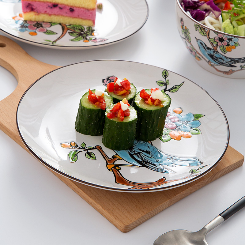 Four people painting of flowers and tableware suit move contracted household bowl dishes chopsticks creative rainbow such as bowl meal hand - made ceramic 0