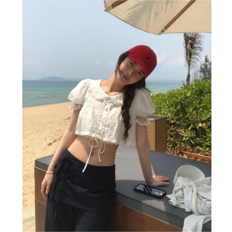 Placeorder Vitality Hot Girl Doll Collar Age-Reducing Drawstring Lace Short Top Slim Fit Shirt