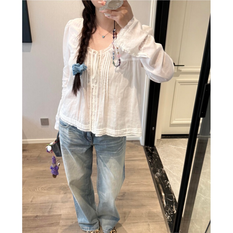Placeorder Korean Niche White Lace-Trimmed Shirt with Tie Design, Summer Thin Style Elegant Top Placeorder Korean Niche White Lace-Trimmed Shirt with Tie Design, Summer Thin Style Elegant Top