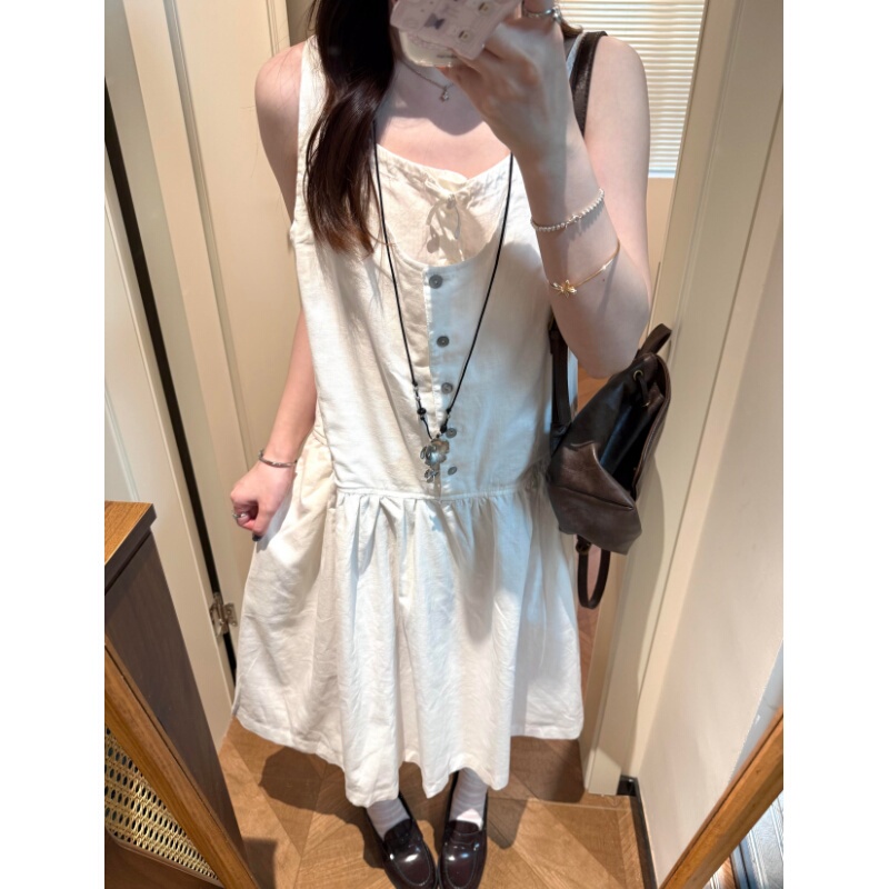 Placeorder Retro White Sleeveless Vest Dress for Women with U-Neck, Front Button Pleats, and Layered Cotton and Linen Vest Dress Placeorder Retro White Sleeveless Vest Dress for Women with U-Neck, Front Button Pleats, and Layered Cotton and Linen Vest Dress