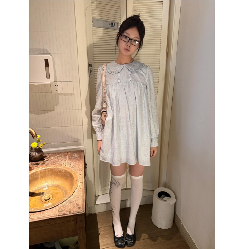 Placeorder Korean-Style Button-Decorated Light Blue Floral Doll Collar Long-Sleeved Dress Sweet Shirt Dress