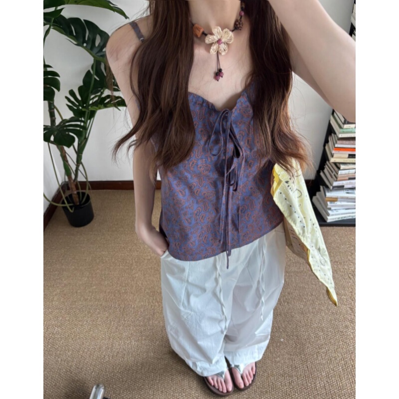 Placeorder Retro Paisley Bow Tie Camisole Women's Summer Loose Sleeveless Backless Top