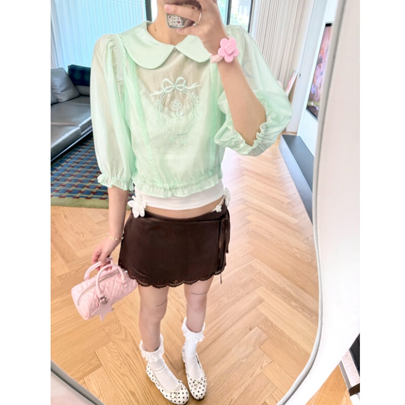 Placeorder Retro Heavy-Duty Embroidered Rose Hollow-Out Puff Sleeve Doll Collar Short Mid-Sleeve Shirt Top Placeorder Retro Heavy-Duty Embroidered Rose Hollow-Out Puff Sleeve Doll Collar Short Mid-Sleeve Shirt Top