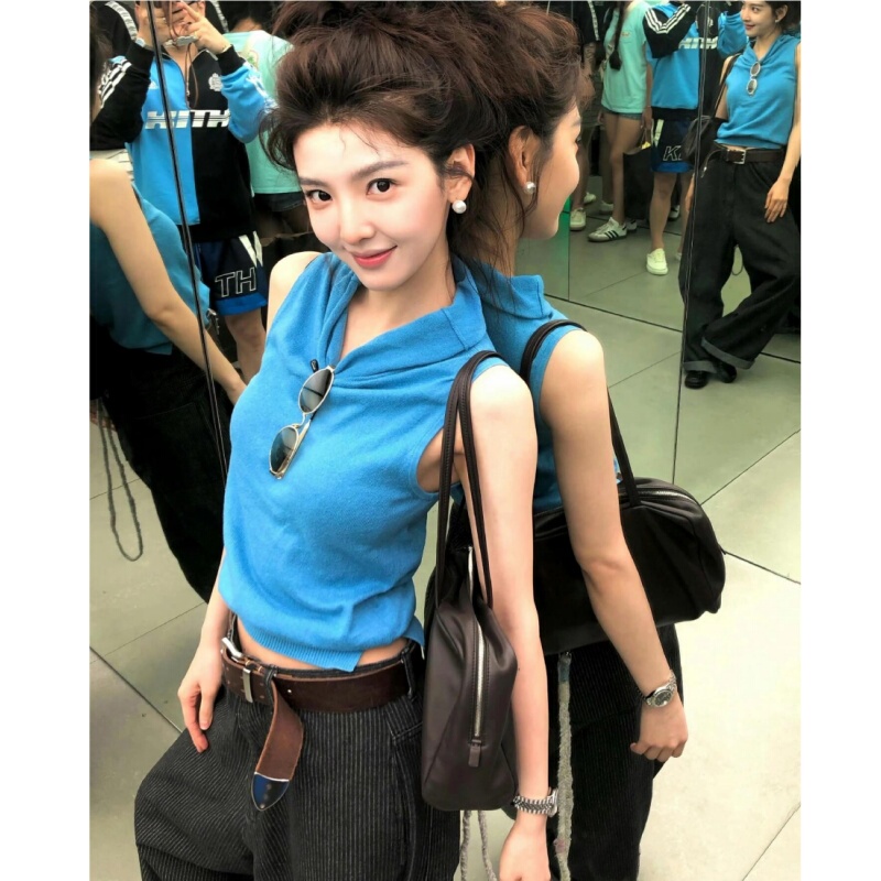 Placeorder Zhang Ruonan's Same Style Swing-Neck Sleeveless Knitted Vest for Women, Summer Simple Versatile Slim-Fit Top