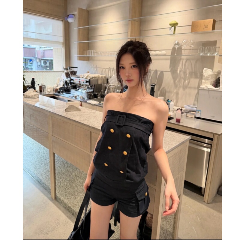 Placeorder Retro Double-Row Metal Buckle Tube Top Women's Summer High-Waisted Shorts Two-Piece Set