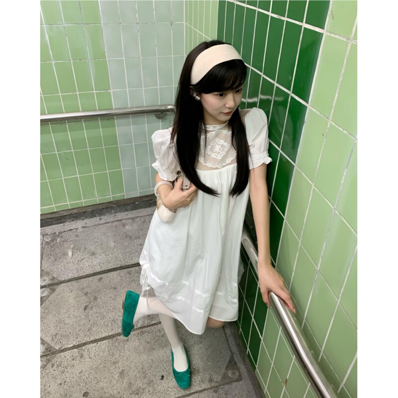 Placeorder Korean Niche Lace Splicing Mesh White Babydoll Dress Slimming and Versatile Summer Dress Placeorder Korean Niche Lace Splicing Mesh White Babydoll Dress Slimming and Versatile Summer Dress