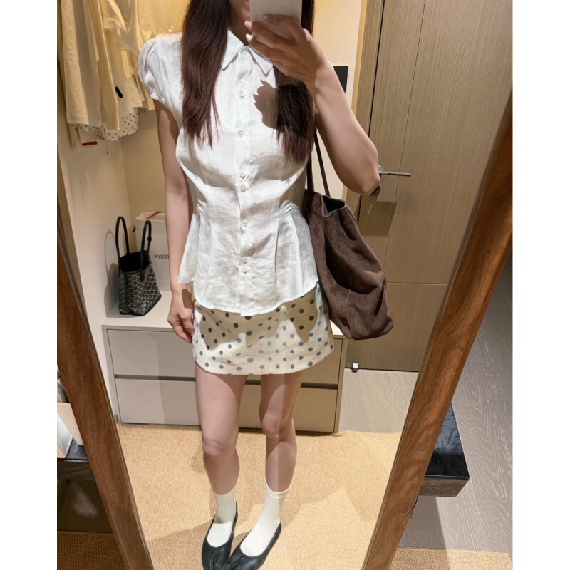 Placeorder Korean Niche Style Slightly Sheer Puff Sleeve Shirt with Pleated Hem and Shell Buttons, Slim Fit and Flattering