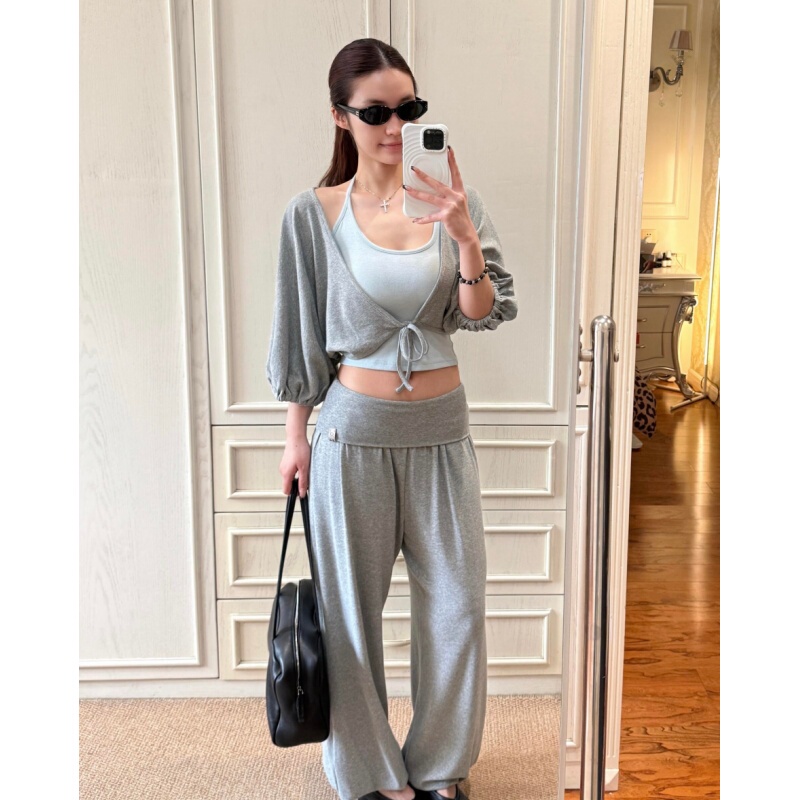 Placeorder Korean Niche Air-Like Soft Lantern Sleeve Vest Top Short Color-Block Two-Piece Set