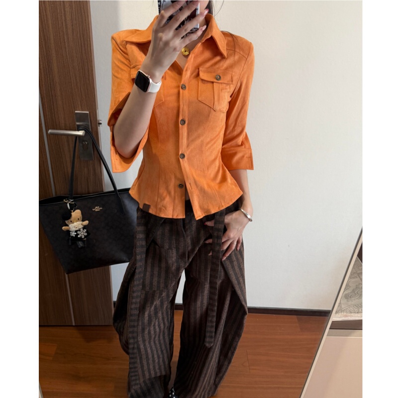 Placeorder Retro Honey-Colored Suede Shirt with a Japanese Vibe, Short-Sleeve Workwear Padded Shoulder Shirt, Spicy Girl Top