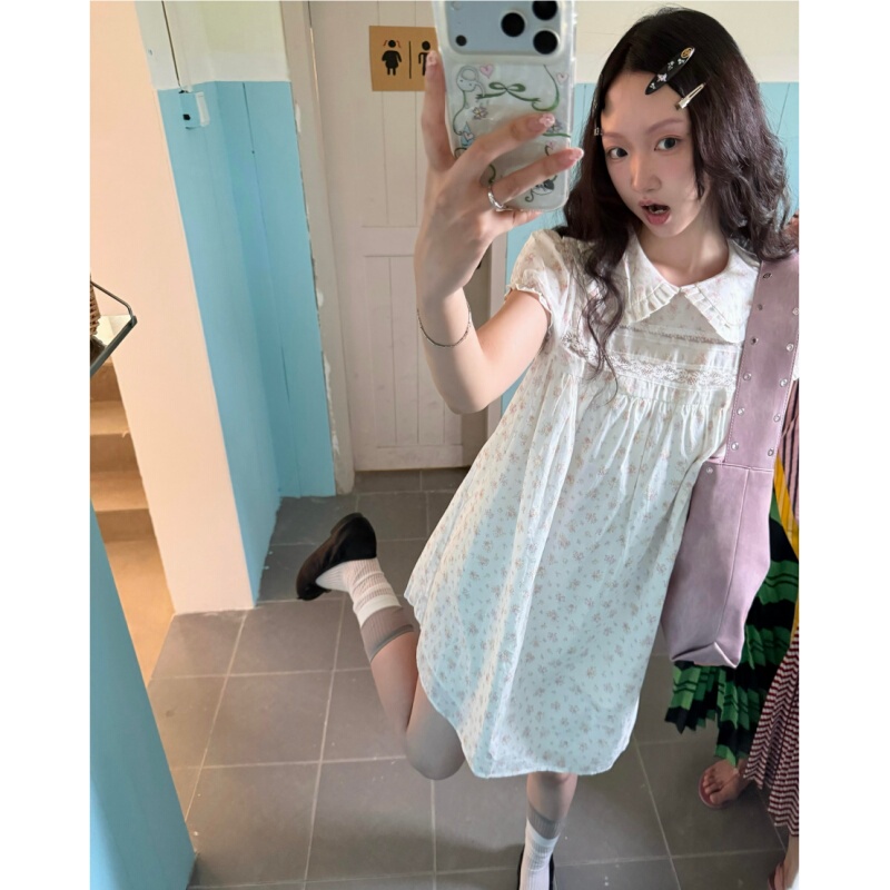 Placeorder Korean-Style Girly Floral Lace Patchwork Doll Collar Loose Dress Versatile Slimming Short Dress Placeorder Korean-Style Girly Floral Lace Patchwork Doll Collar Loose Dress Versatile Slimming Short Dress