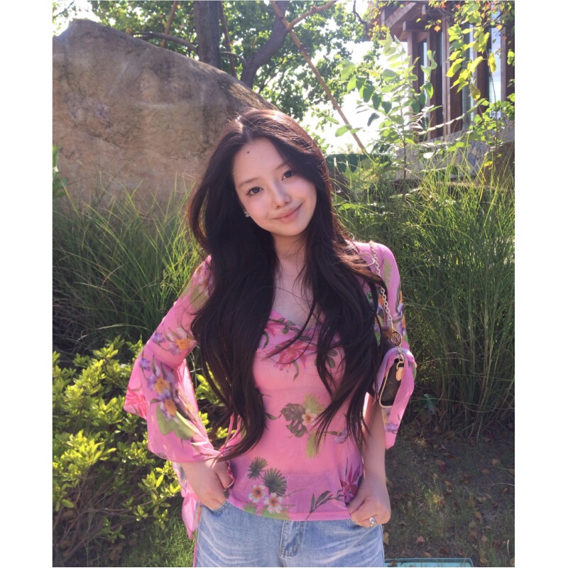 Placeorder Retro Tropical Floral Beaded Embellished V-Neck Bell-Sleeve Slim-Fit Sheer Mesh Top