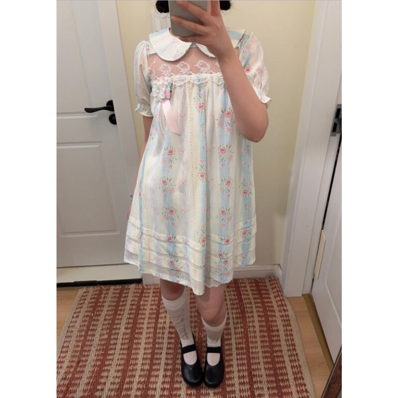 Placeorder Retro Light Blue Alice Lyocell Cotton Doll Collar Apricot Printed Antique A-Line Mid-Length Skirt Placeorder Retro Light Blue Alice Lyocell Cotton Doll Collar Apricot Printed Antique A-Line Mid-Length Skirt