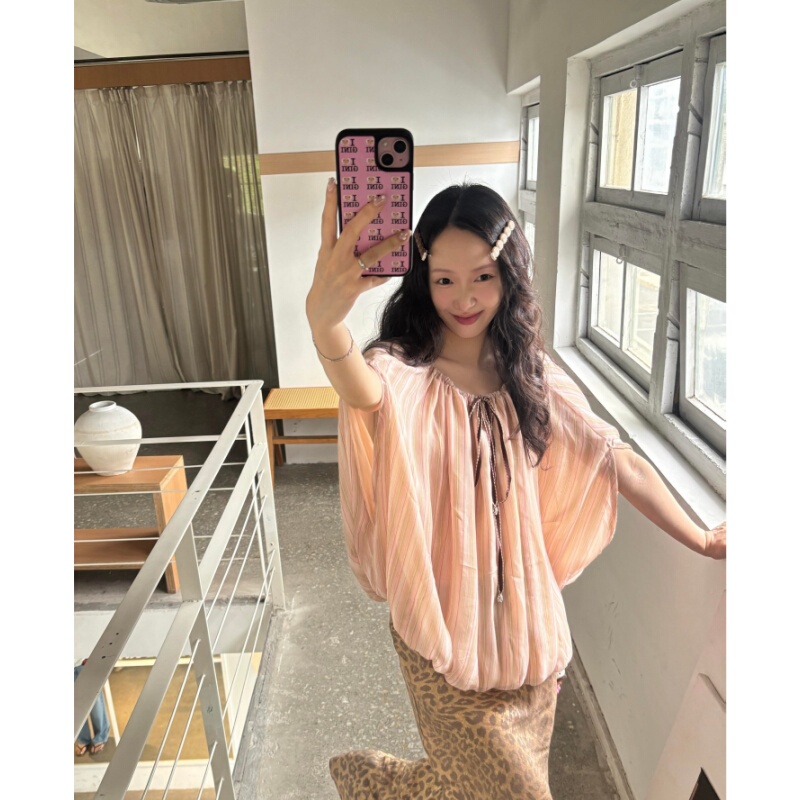 Placeorder Retro Pink Striped Adjustable Woven Strap Neckline Off-Shoulder Loose Sleeveless Blouse Top Placeorder Retro Pink Striped Adjustable Woven Strap Neckline Off-Shoulder Loose Sleeveless Blouse Top