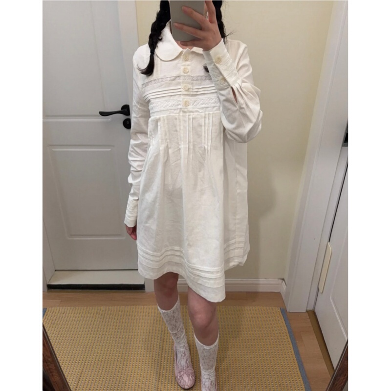 Placeorder Korean-Style White Doll Collar Lace Shirt Dress for Women, Autumn Long-Sleeve Tuck Mid-Length A-Line Dress