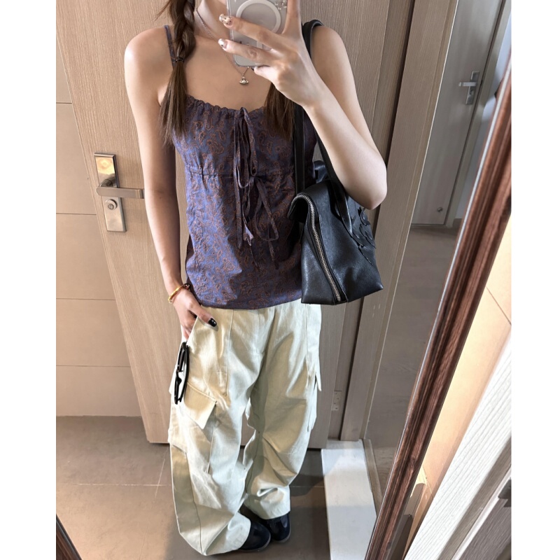 Placeorder Retro Purple Floral Camisole Women's Summer Strap Design Loose Slim Top