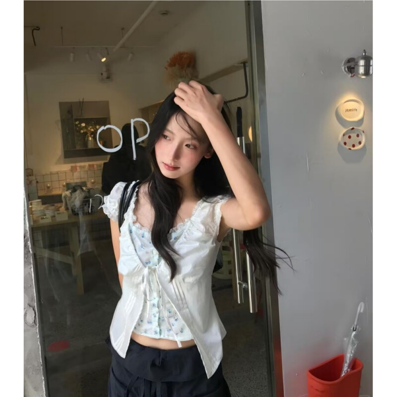 Placeorder Korean Niche Color-Blocked Faux Two-Piece Design Floral Lace Cinched Waist Blouse for Women