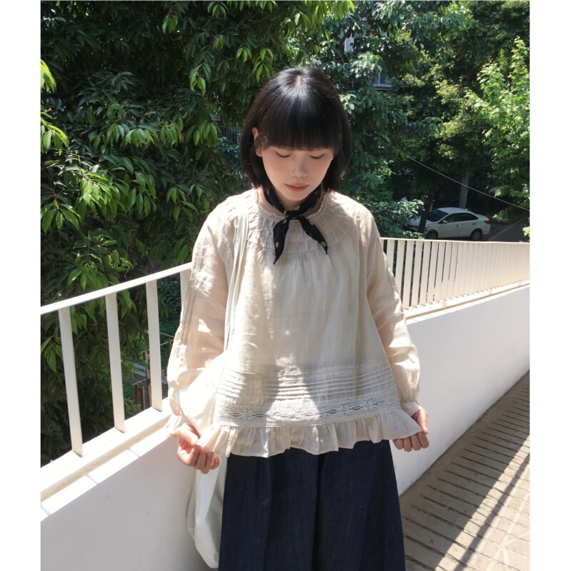 Placeorder Retro Ramie Japanese-Style Lace Long-Sleeved Shirt for Women Summer Loose Casual Versatile Top Placeorder Retro Ramie Japanese-Style Lace Long-Sleeved Shirt for Women Summer Loose Casual Versatile Top