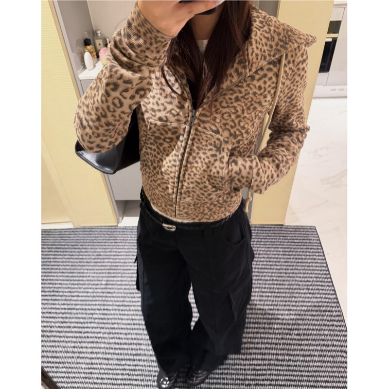 Placeorder Retro Distressed Washed American-Style Leopard Print Hooded Sweatshirt for Women, Autumn Slim-Fit Short Jacket