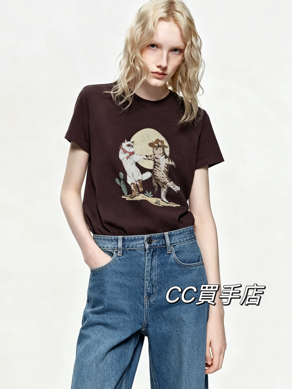 Authentic Short-Sleeved T-Shirt 2026 Autumn New Product Xinjiang Cotton 5A Antibacterial Cat Print Western Retro Mbf3Teet07 Authentic Short-Sleeved T-Shirt 2026 Autumn New Product Xinjiang Cotton 5A Antibacterial Cat Print Western Retro Mbf3Teet07
