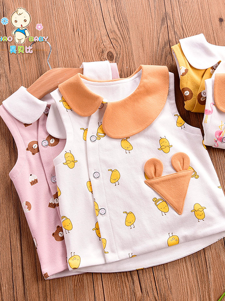 Baby double-layer cotton vest side open buckle spring and autumn baby waistcoat cardigan top small vest Korean version of the outer wear