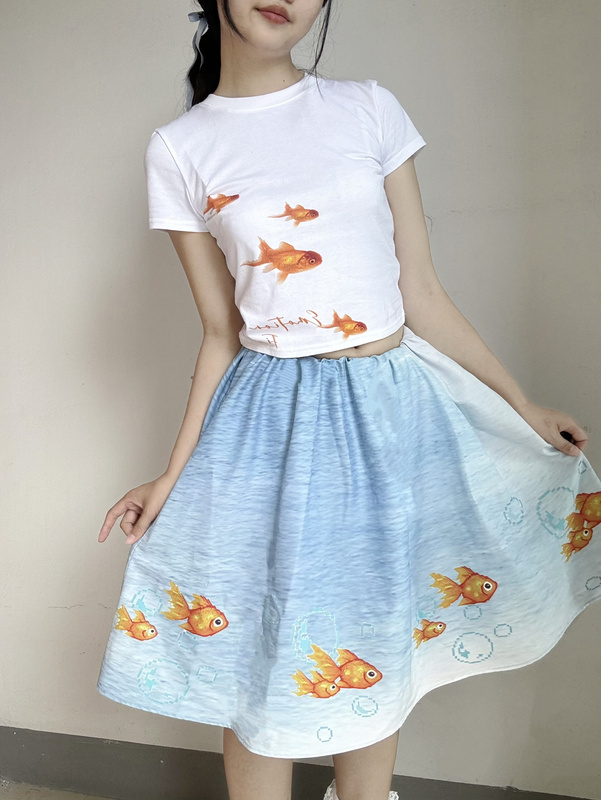 Emotional Magnetic Field 2025 Summer Pixel Fish Skirt Elastic Waist A-Line Fresh Blue Gradient Versatile Midi Skirt