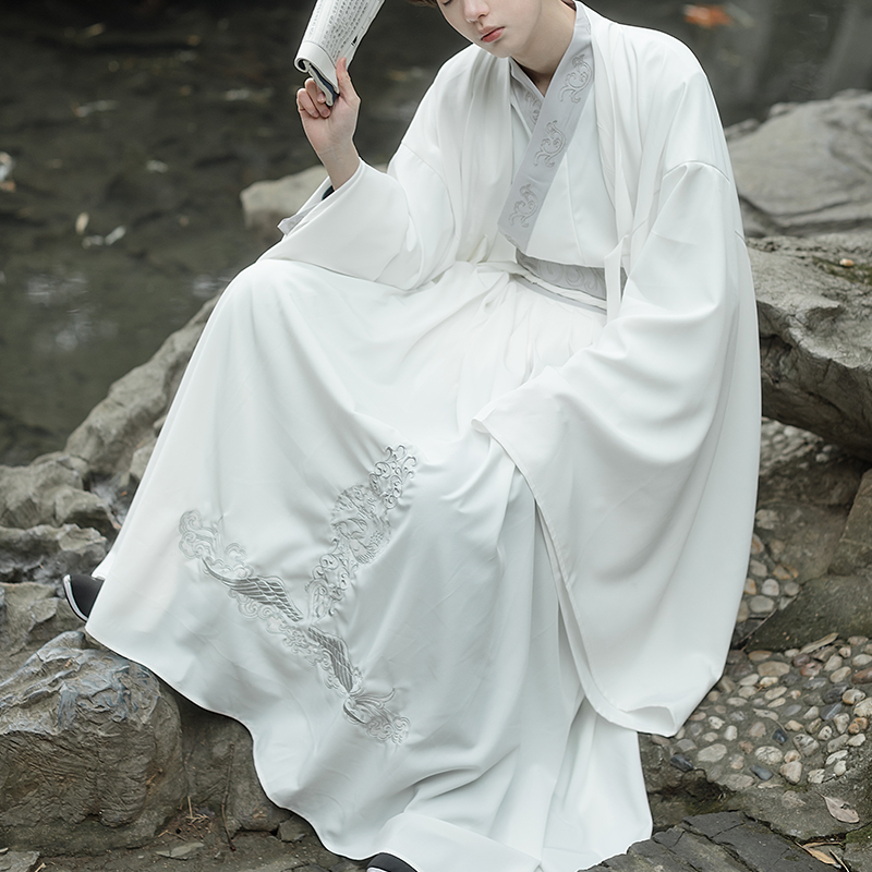 Original Design Traditional Hanfu for Men and Women in Natural White Color with Crane Pattern, Cross-Collar Style, 3m White, Spring and Autumn