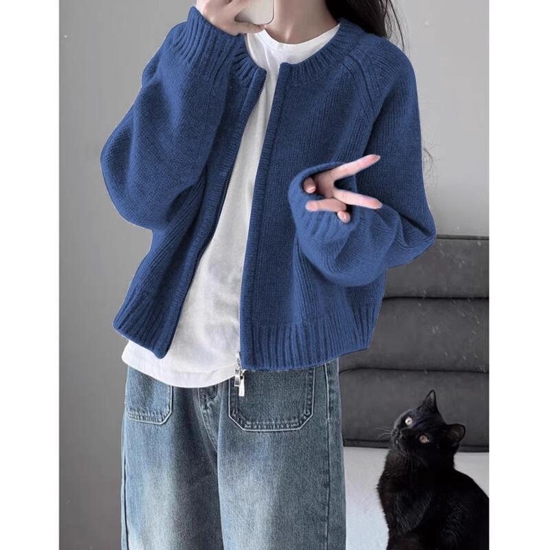 Blue Women's Knitted Cardigan Jacket, Soft and Retro, Chinese Style Brand, Autumn Outerwear, Zip-Up Top, Commuter Sweatshirt