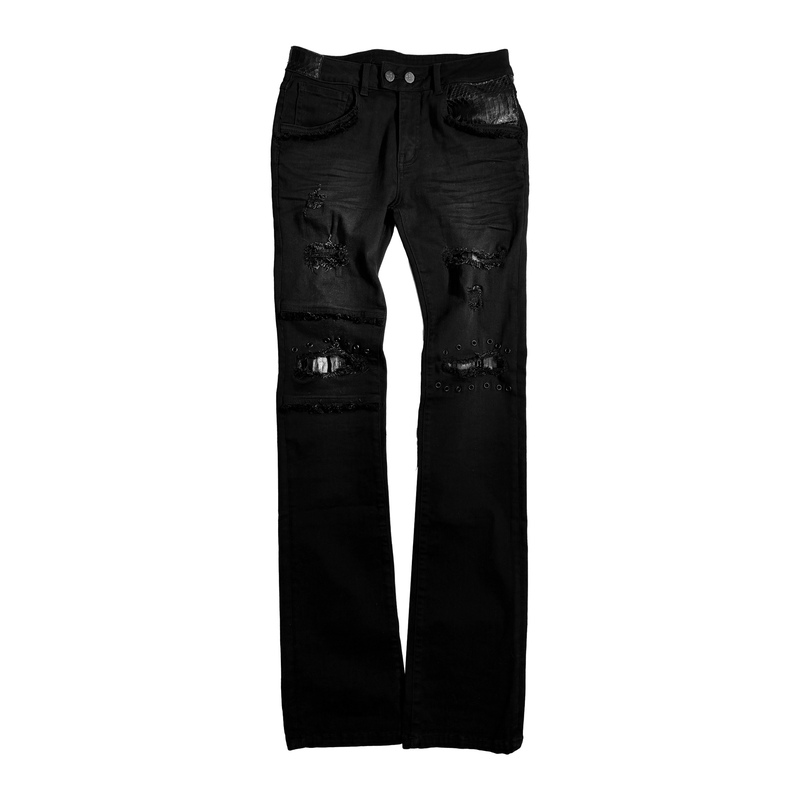 Fromtheisland (Fti) Skinny Washed Denim Pants with Snakeskin Patchwork, Tight-Fitting Distressed Washed Long Pants